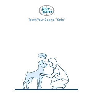 woman petting dog and saying spin command