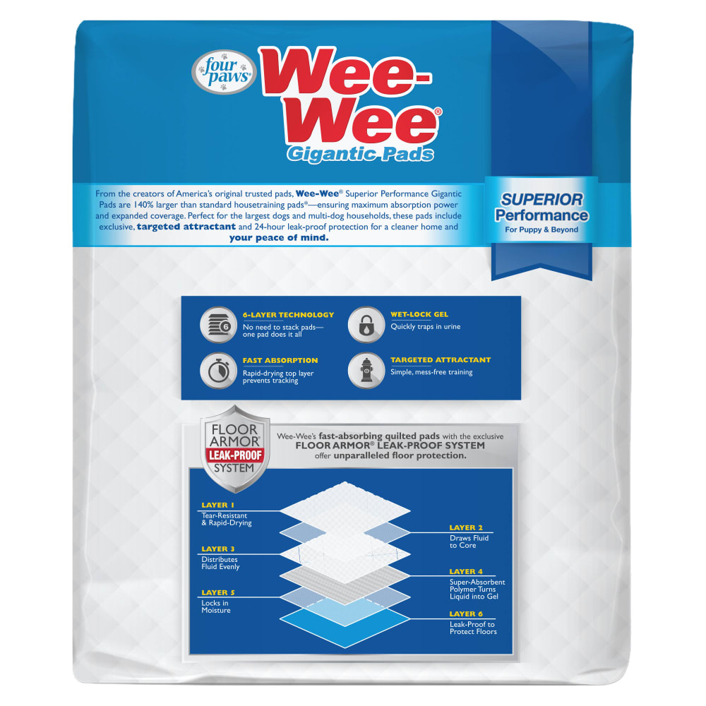 Back view of Four Paws Wee Wee Gigantic Xxl Pads 8ct in packaging